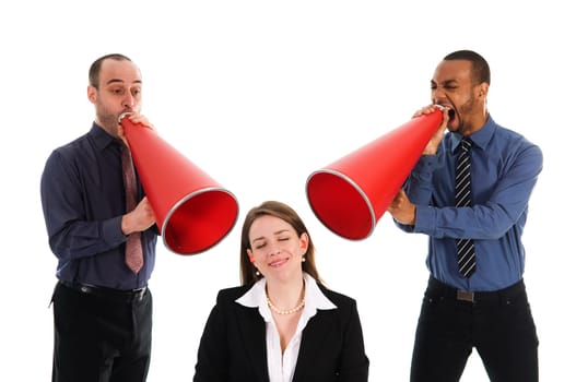 business people with megaphone harrassing colleague