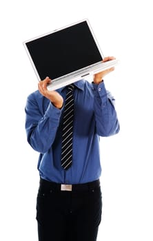 business person holding a laptop on white