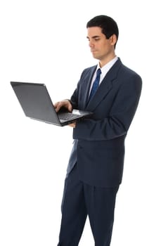 man in blue suit on white background with laptop