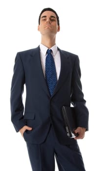 laptop man in blue suit with snobish attitude