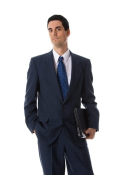 man in blue suit holding a laptop