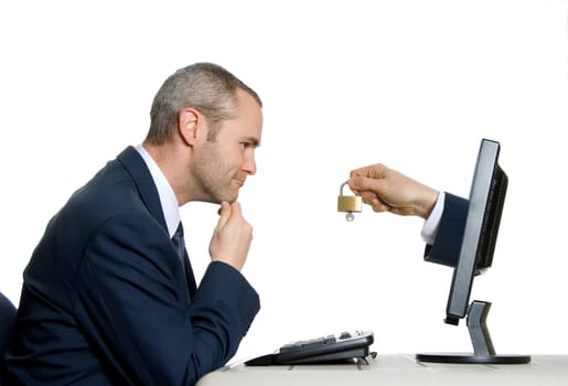 man in blue suit accessing internet security