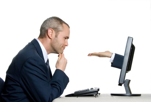 man in blue suit seeing hand out of lcd