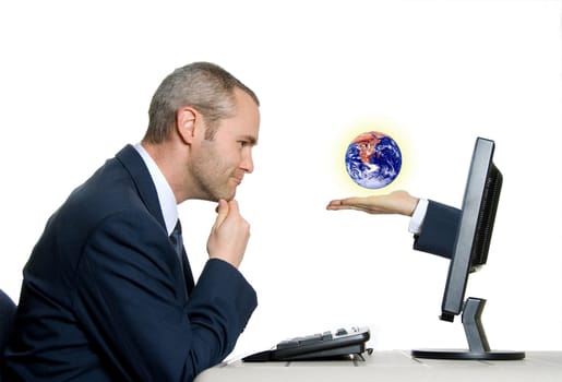 man in blue suit seeing hand out of lcd
