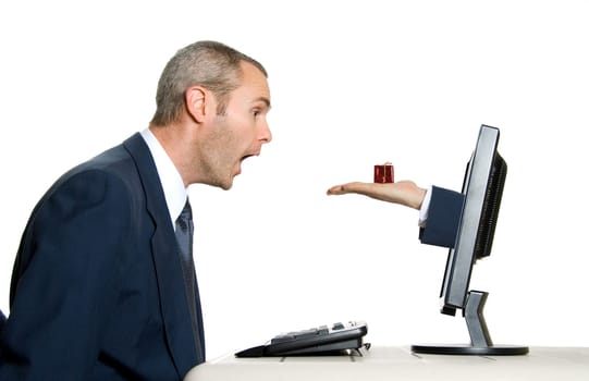 man in blue suit getting an internet present