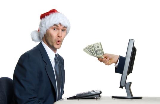 happy man in office getting pay bonus