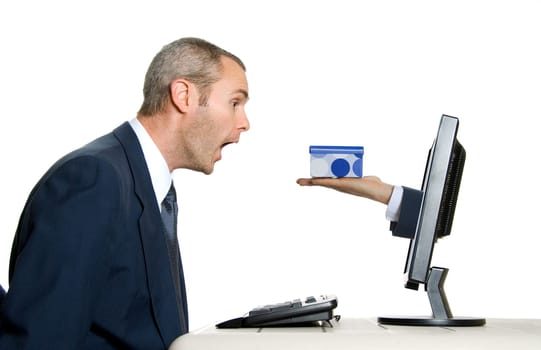 man in blue suit getting an internet present