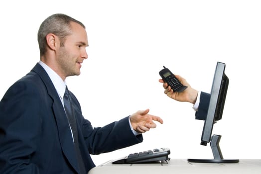 man in blue suit in office taking an internet call