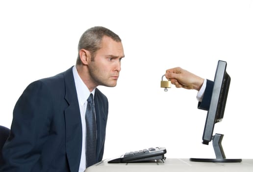 skeptic man in blue suit with internet security