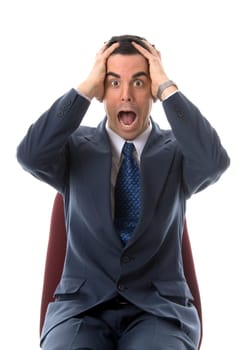 man in a blue suit full of stress