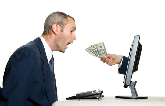 surprised man getting money from the internet