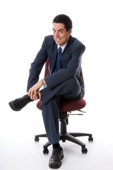 crazy happy man in a blue suit on a chair