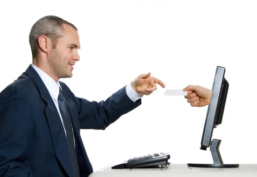 virtual hand giving a blank car to man in suit