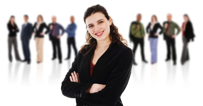 happy business woman on an isolated white background with business team