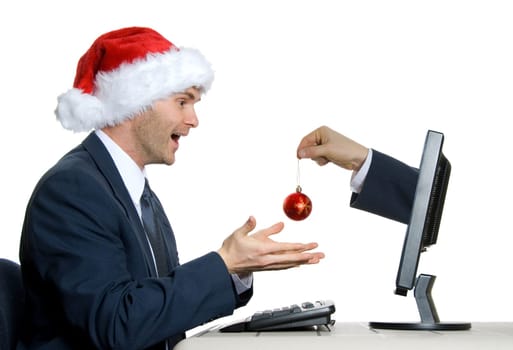 man in blue suit receiving decoration via internet