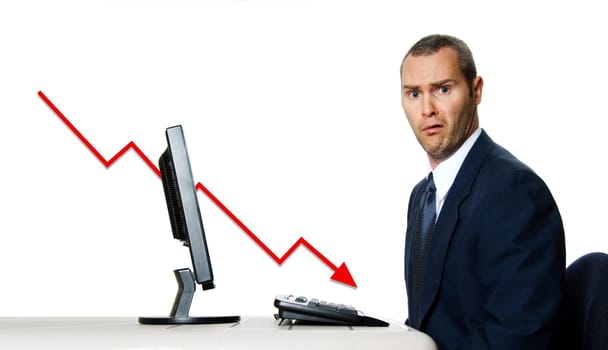 surprised man in blue suit at office computer financial crisis