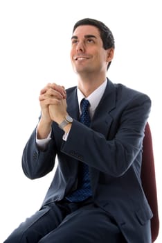 man in a blue suit praying for help