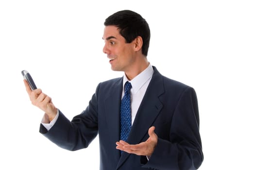 man in a blue suit looking at his cell phone
