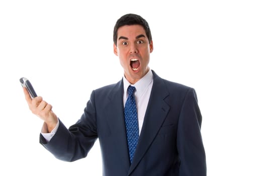 man in blue suit angry at his cell phone