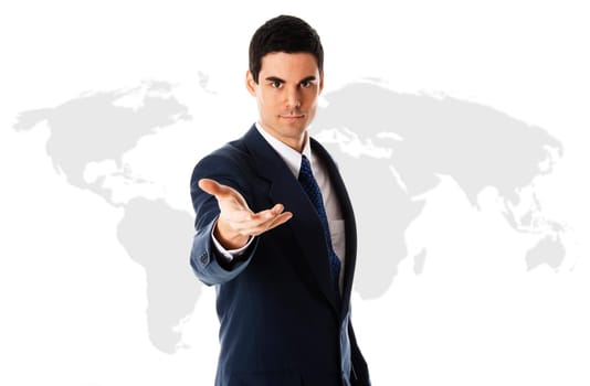 businessman in blue suit with world map