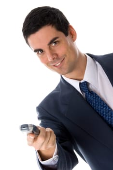 man in blue suit handing his cell phone