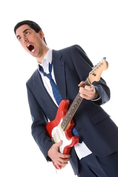 screaming man in blue suit with a guitar