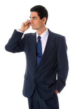 man in a blue suit on the phone