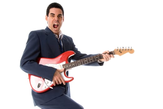 musician with red electric guitar shouting loud