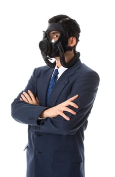 man in blue suit iwth a gas mask on