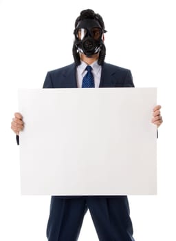 man in blue suit iwth mask holding a sign