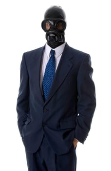 man in a blue suit with a latex mask hand in pocket