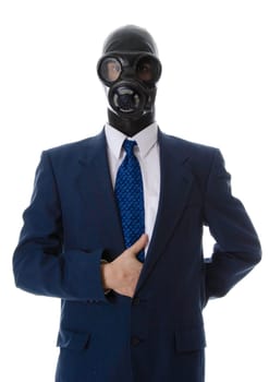 man in a blue suit with a latex mask leader
