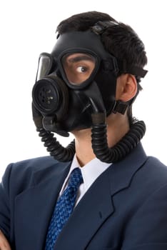 man in blue suit with a gas mask on