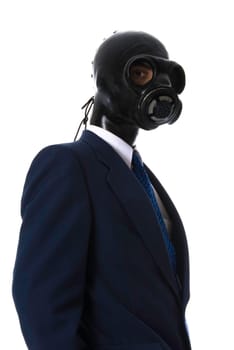 man in a lue suit with a latex mask