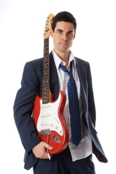 man in blue suit with an electric guitar
