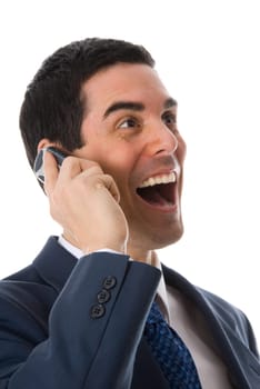 happy man on the phone on white background