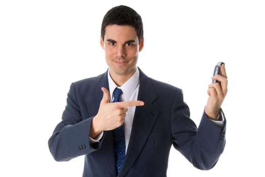 man in blue suit pointing at his cell phone