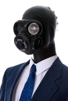 man in a blue suit with a latex mask wide angle