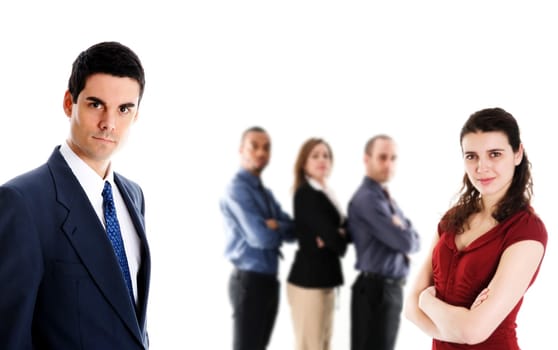 man in blue suit on isolated white with team