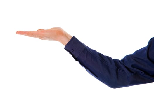 business man holding and empty hand up on white
