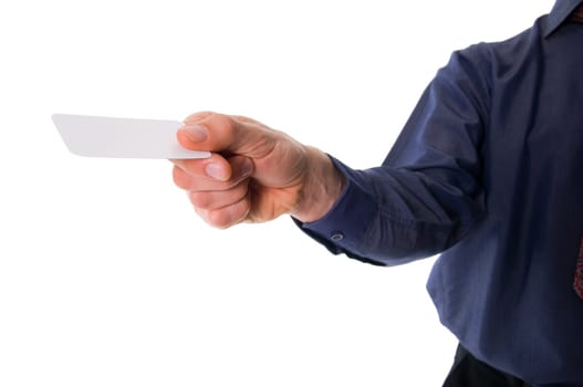 business man on white giving a business card