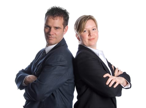 two business partners on white background back to back