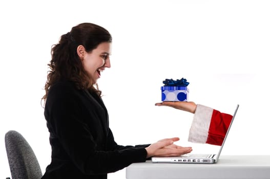 business woman getting a christmas gift via the Internet