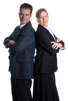 two business partners on white background back to back