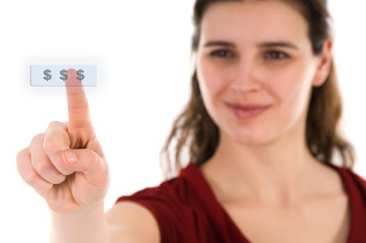 business woman pushing a key in mid air