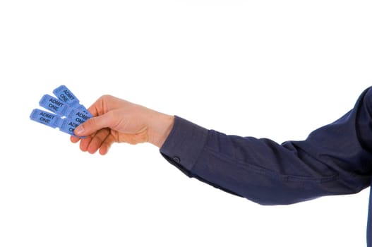 man giving some blue movie tickets on white