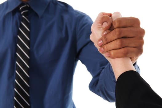 businessman shaking hands with colleague on white