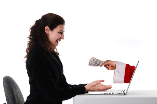 woman receiving a christmas gift by internet via santa