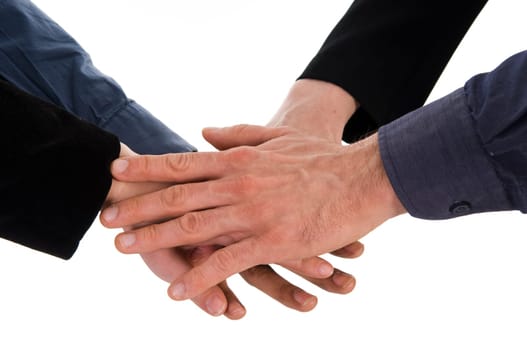 business people holding hands on a white background