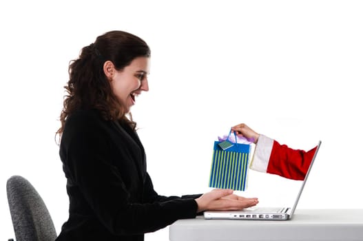 business woman getting a christmas gift via the Internet